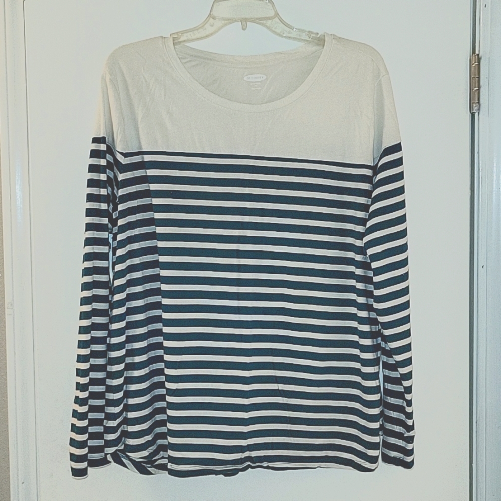 Old Navy Everywear Long Sleeve Shirt, XXL, Teal Green and Cream Stripes